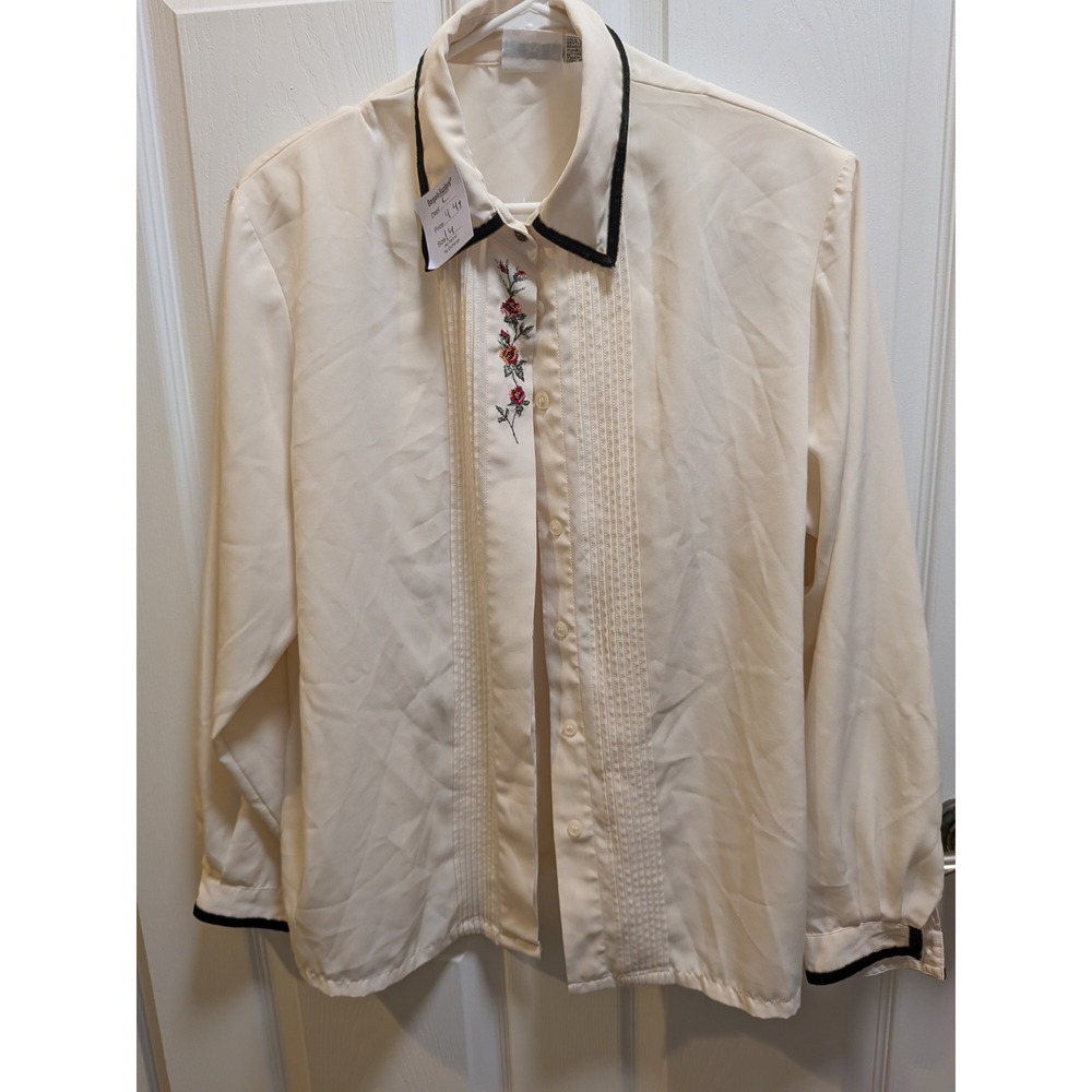 Koret Vintage Cream Embroidered Pintuck Blouse Black Velvet Trim Size 14